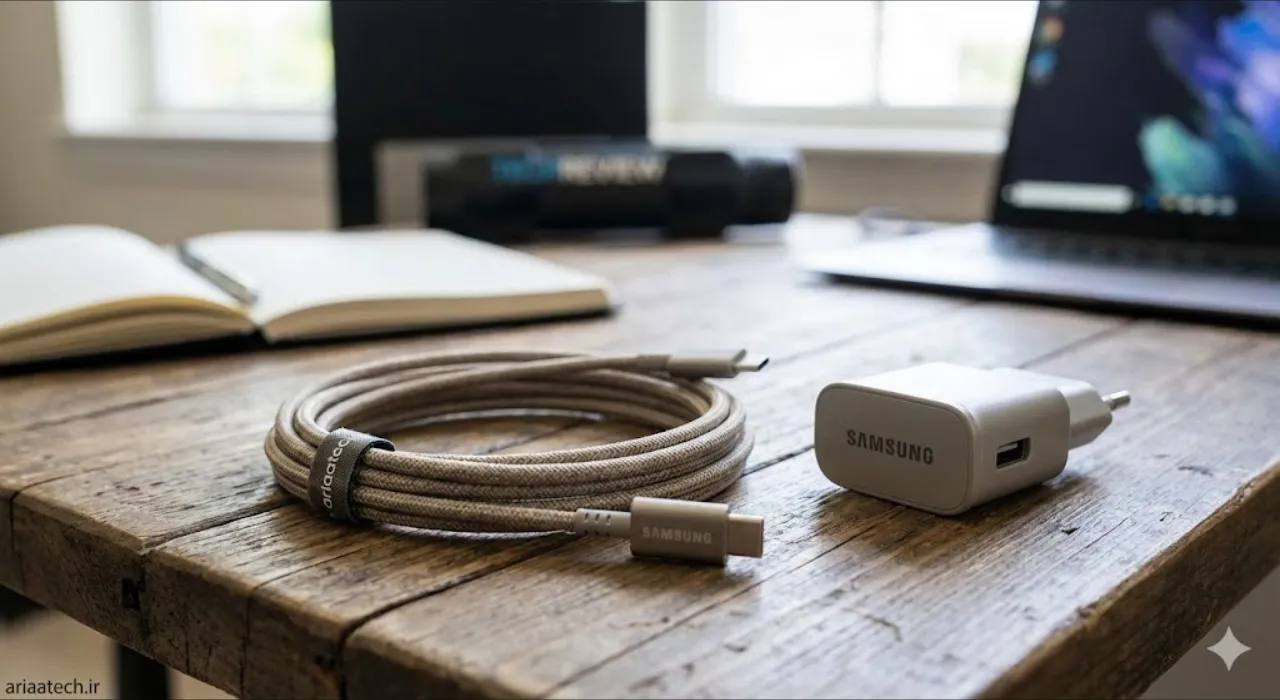 مقایسه کابل شارژ اصلی سامسونگ با نمونه های تقلبی در کنار آداپتور